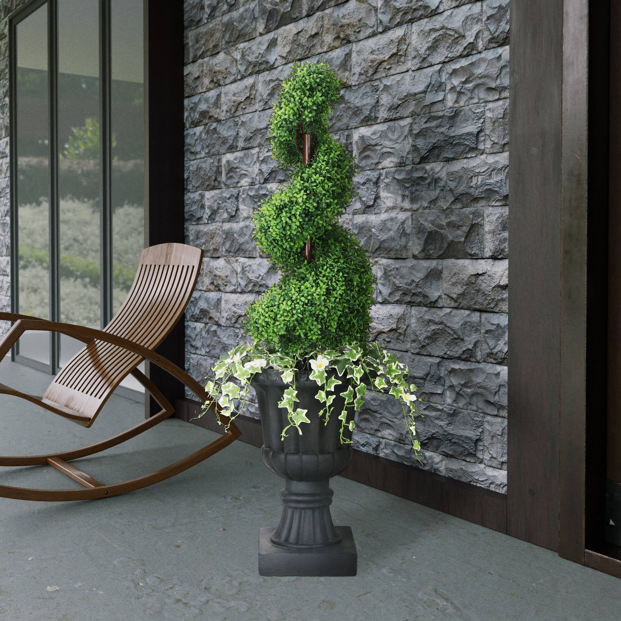 4.5ft. Topiary Spiral Boxwood Artificial Tree in Decorative Urn